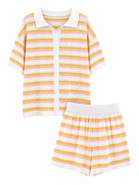 No Brand Pointelle Knit Polo Cardigan & Shorts Matching Set Pink Yellow White S